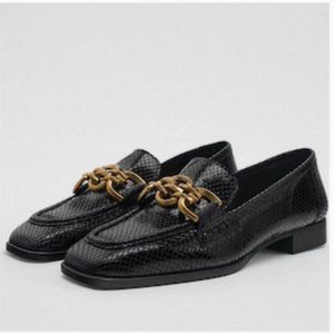 New Zara Black Animal Snakeskin Print Leather Loafers Flats Gold Buckle Size 36